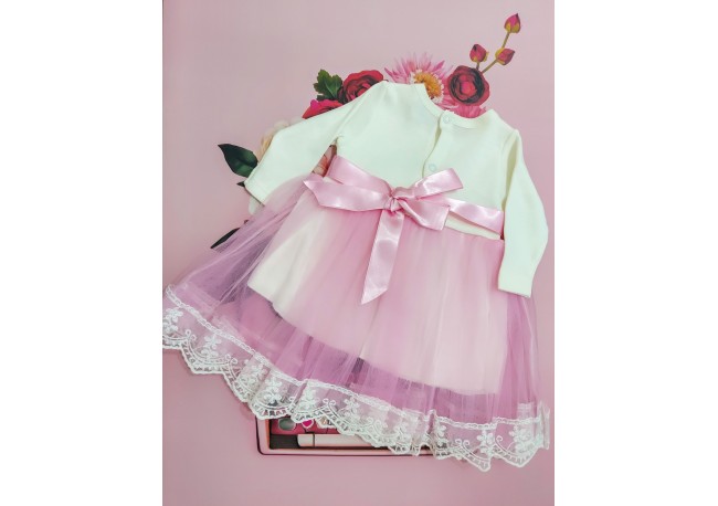 ROCHIE TULLE ROZ, Rochita eleganta, din bumbac, cu maneca lunga, dantela si tulle fin ROCHIE TULLE ROZ, Rochita eleganta, din bumbac, cu maneca lunga, dantela si tulle fin