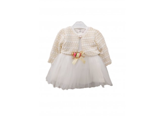ROCHIE TULLE ALB CU BOLERO AURIU COD 389, Rochita eleganta , cu maneca lunga, din bumbac, cu bolero din dantela si fusta din tulle fin ROCHIE TULLE ALB CU BOLERO AURIU COD 389, Rochita eleganta , cu maneca lunga, din bumbac, cu bolero din dantela si fusta din tulle fin