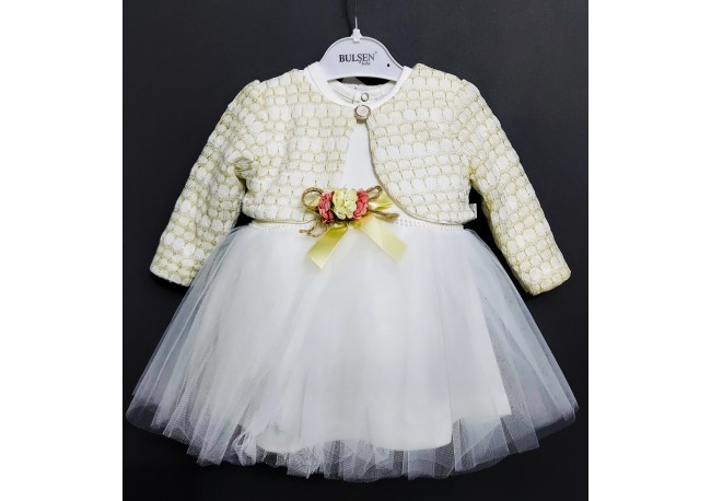 ROCHIE TULLE ALB CU BOLERO AURIU COD 389, Rochita eleganta , cu maneca lunga, din bumbac, cu bolero din dantela si fusta din tulle fin ROCHIE TULLE ALB CU BOLERO AURIU COD 389, Rochita eleganta , cu maneca lunga, din bumbac, cu bolero din dantela si fusta din tulle fin